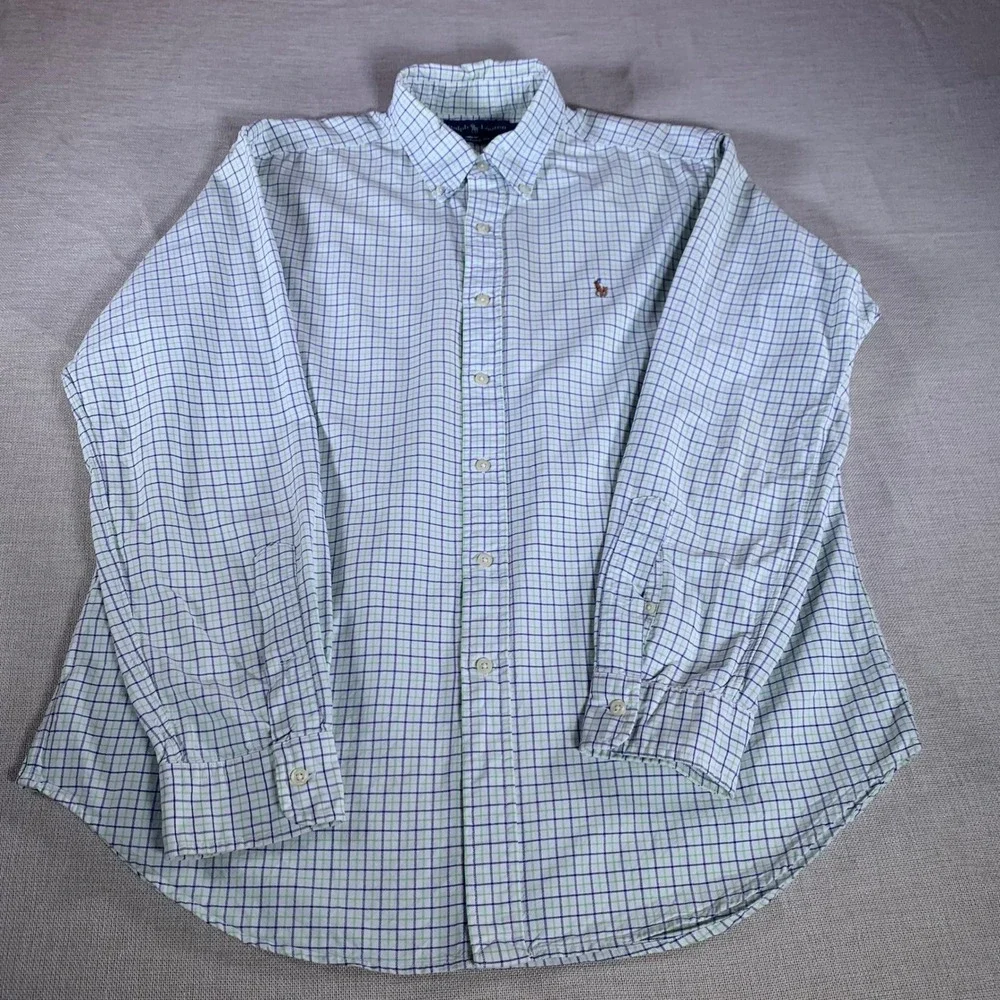 Ralph Lauren Classic Fit Mens Large Green Blue Check‎ Cotton Button Down Shirt